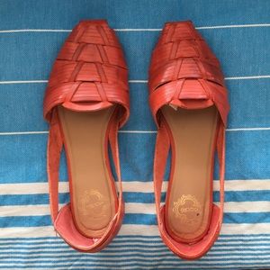 Red woven leather flats